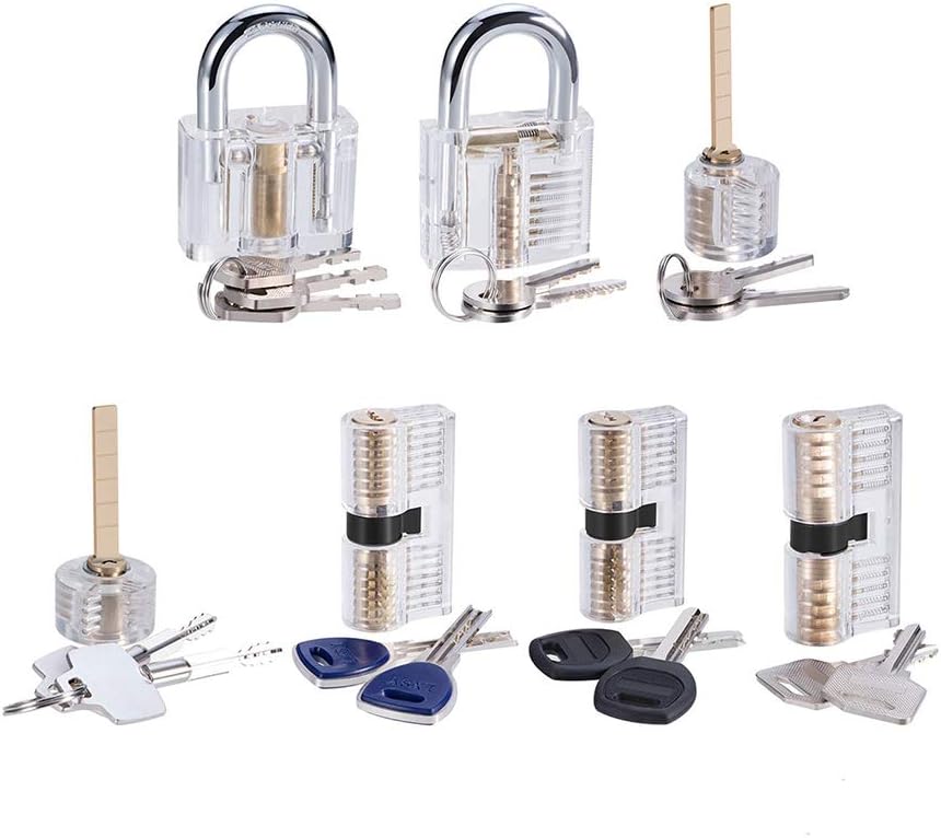 Loboo Idea 7-Piece Practice Lock Set for Beginner and Pro Locksmiths, 7 Pack Transparent Padlock Training Tool Set, Professional Lock Picking Tool Kit for Lockpicking Training and Practice