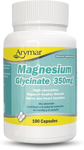 Arymar Glicinato de magnesio 350 mg, 100 cápsulas, apoya la salud muscular y la salud nerviosa, sin OMG, sin gluten