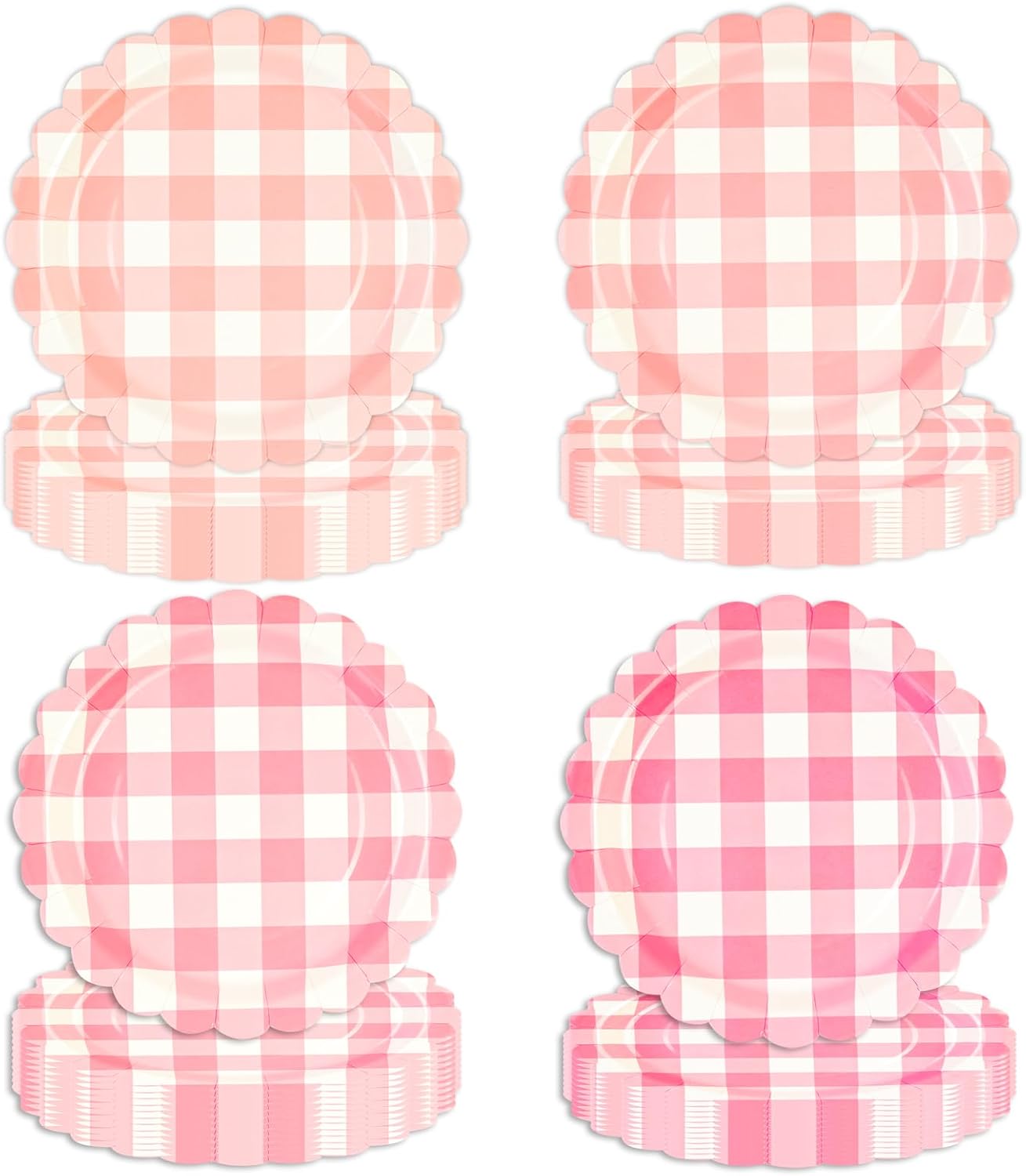 Pack of 48 Pink Gingham Plates 18 cm Checked Scalloped Edge Dessert Plates Disposable Party Paper Plates Valentine's Day Paper Plates for Picnic Wedding Birthdays Valentine's Day Party Supplies Decorations