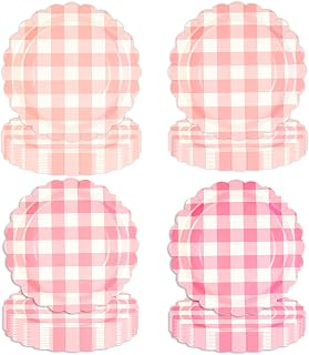 EVYIENEN 48 platos de papel festoneado rosa polvoriento, platos de fiesta a cuadros de 7 pulgadas, desechables, a cuadros, decorativos, para cena, postre, para baby shower, boda, cumpleaños, 4 colores