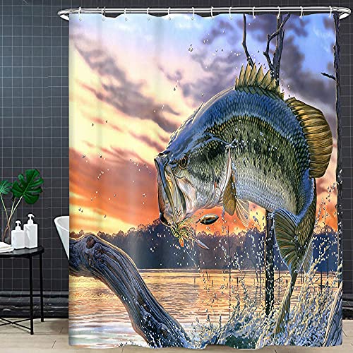 Rustic Cabin Shower Curtain Fishing Shower Curtain Natural Scenery Lake House Shower Curtain For Bathroom, Bass Fish Out Of Ocean At Sunrise Bath Curtains, Farmhouse Fabric Shower Curtain, 70X70In #TOP1