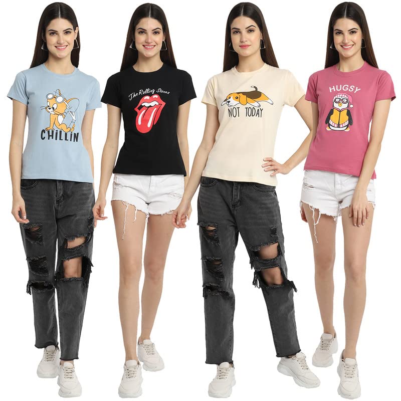 Image of Preneum Women's Cotton Regular Fit Graphic Stylish Printed Short Sleeves Casual T-Shirt |Trend & Styles