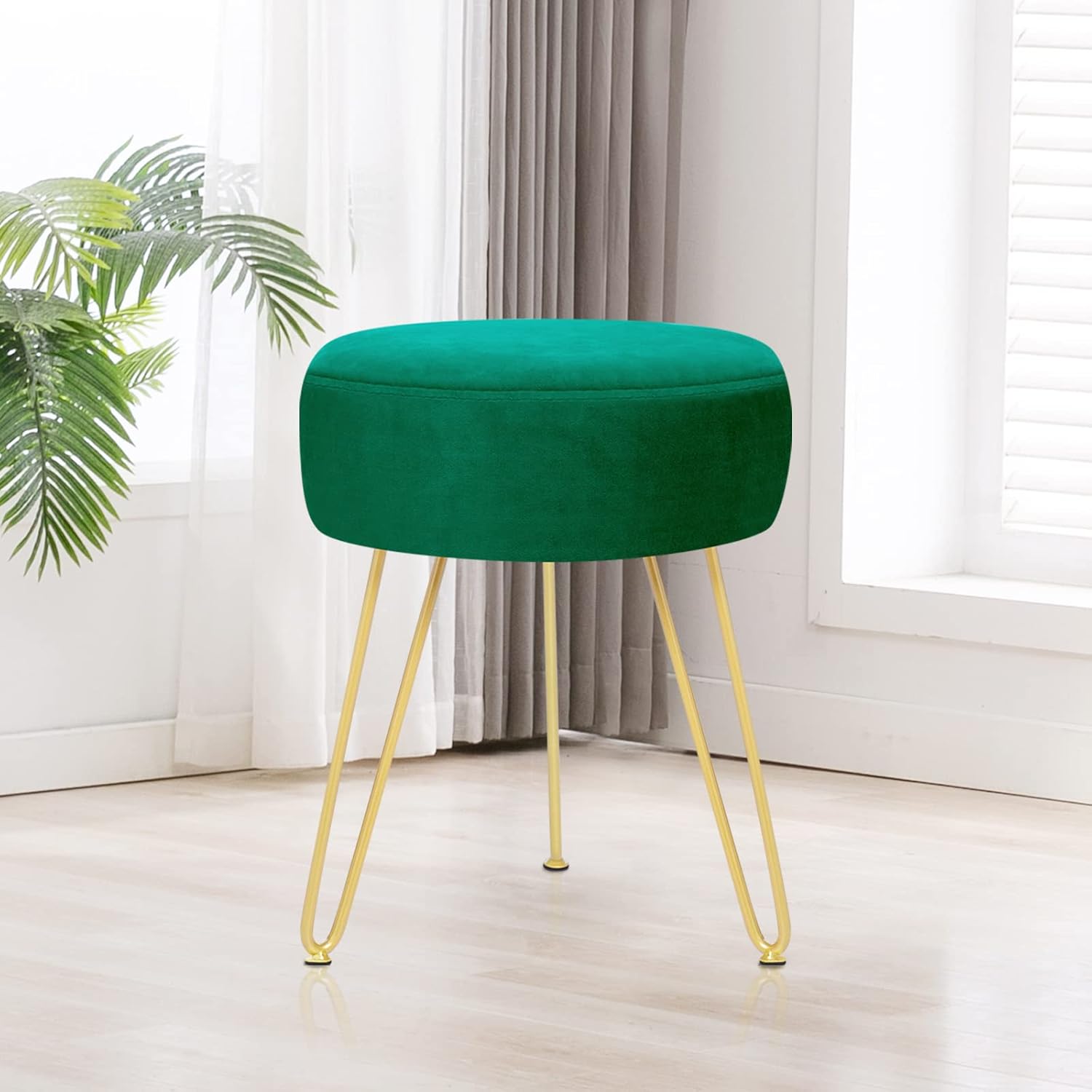 Velvet Soft Modern Vanity Footstool -Round Footrest Stool Ottoman Side Table Seat Dressing with Golden Metal Leg and Sponge Filling,Upholstered Foot Rest, for Living Room and Bedroom Teal