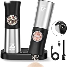 ABLEGRID Electric Salt and Pepper Grinder Set,Gravity Pepper Mill Refillable,Automatic Salt Grinder,One Hand Operation,Coarseness Adjustable,Rechargeable Base,LED Lighting,Dust Cap,2 Pack