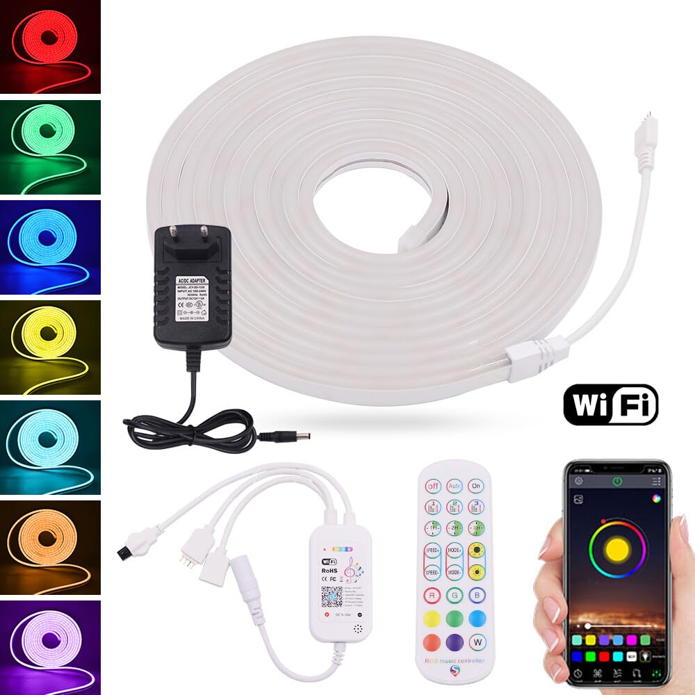 Striscia LED Neon RGB 12V, Striscia LED Flessibile Impermeabile IP65 con Controller IR Graffiti WIFI Music Sync, Adatta per Feste, Sala Giochi, Interni ed Esterni [5M]