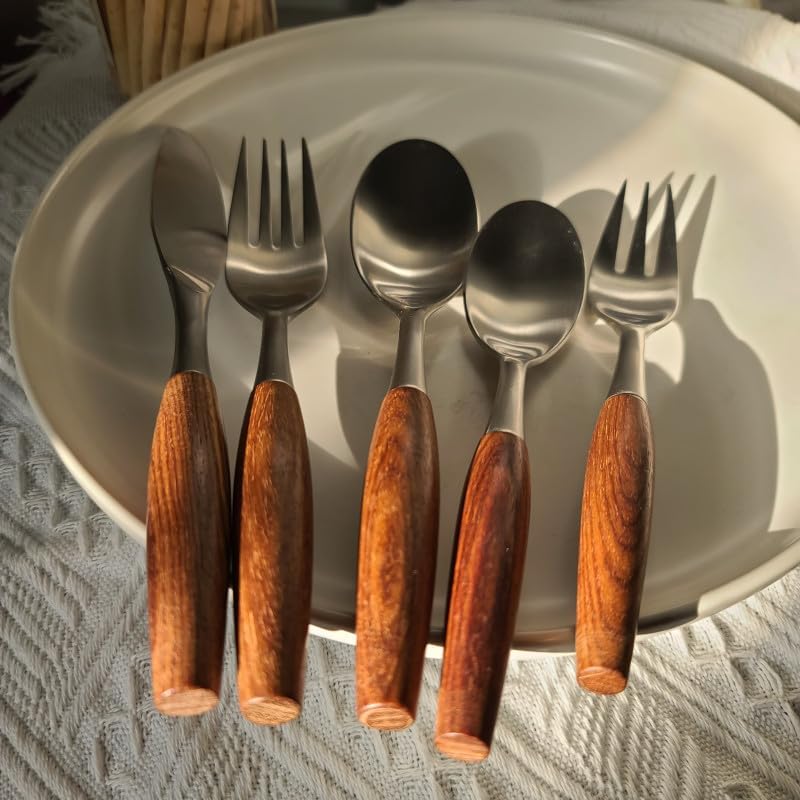 5/20/30/40 Pieces Wooden Handle 304 Stainless Steel Table Knives, Forks and Spoons, Home Tableware, Restaurant Tableware,Silver,5 Pieces for 1，Silver 40 Pieces for 8