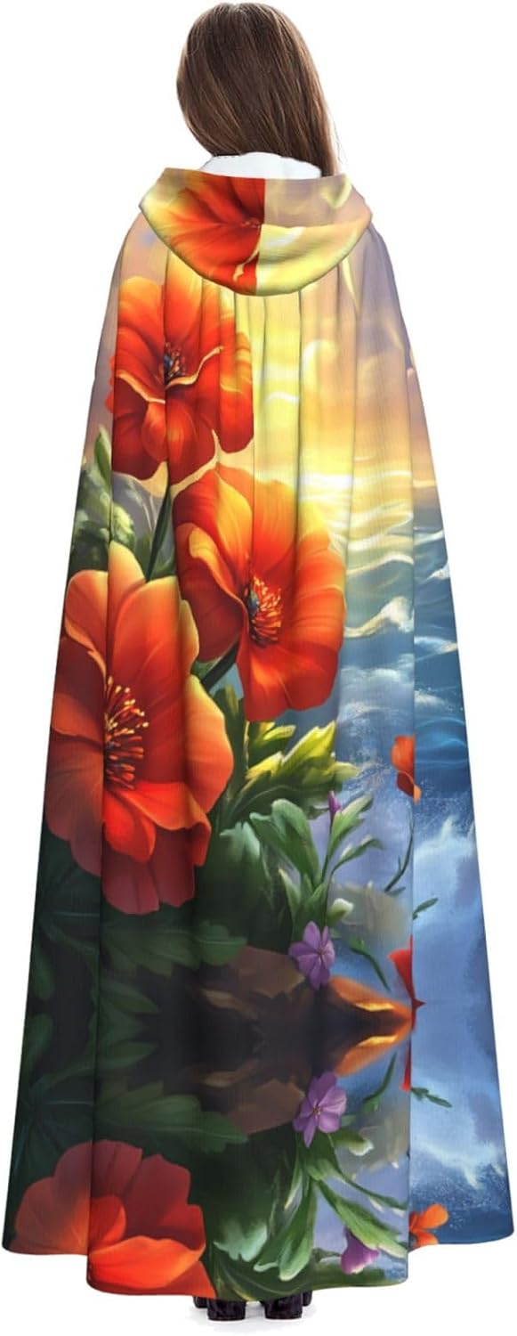 Sunset Cloud Flower Sea Unique Darkness Poncho Shawl - Customizable Wearable Blanket for Women, Perfect Halloween Costume Accessory, Knight, Akatsuki, and More