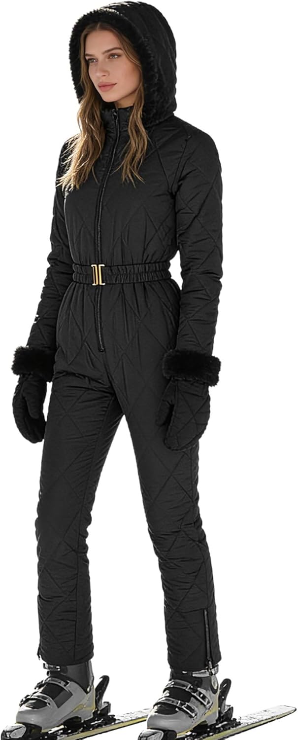 YEAHDOR Womens Snowsuit One Piece Ski Suit Winter Outdoor Sports Ski Jumpsuit with Hood and Gloves
