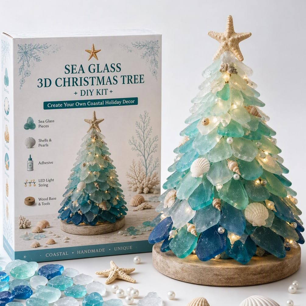 3D DIY Sea Glass Art Kit, Craft Kit with Shells & Pearl Accents，Tree