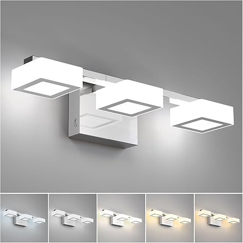 Miniatura 9 de Lámparas LED modernas para baño, 3 luces regulables con 5 modos de color, accesorios de iluminación de pared de baño acrílico cromado mate sobre