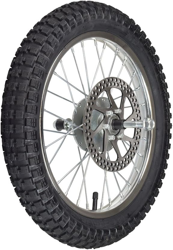 AlveyTech Complete Front Wheel Assembly - Durable Wire Spoke Wheel with knobby Tire/Tube, 60 mm Disc Brake Rotor with 60012RS Bearings & Axle, Replacement Bike Parts for Razor MX500/MX650 Dirt Rocket
