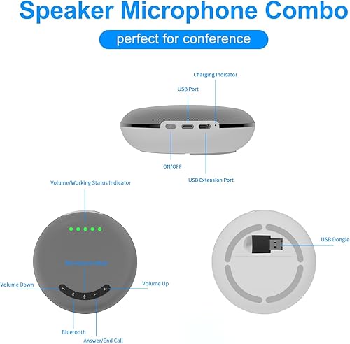 Miniatura 2 de TIBURN Altavoz de micrófono HQ Bluetooth con micrófono, altavoz de conferencia, 360 captación de voz 5.0 USB Bluetooth, altavoz portátil compatible
