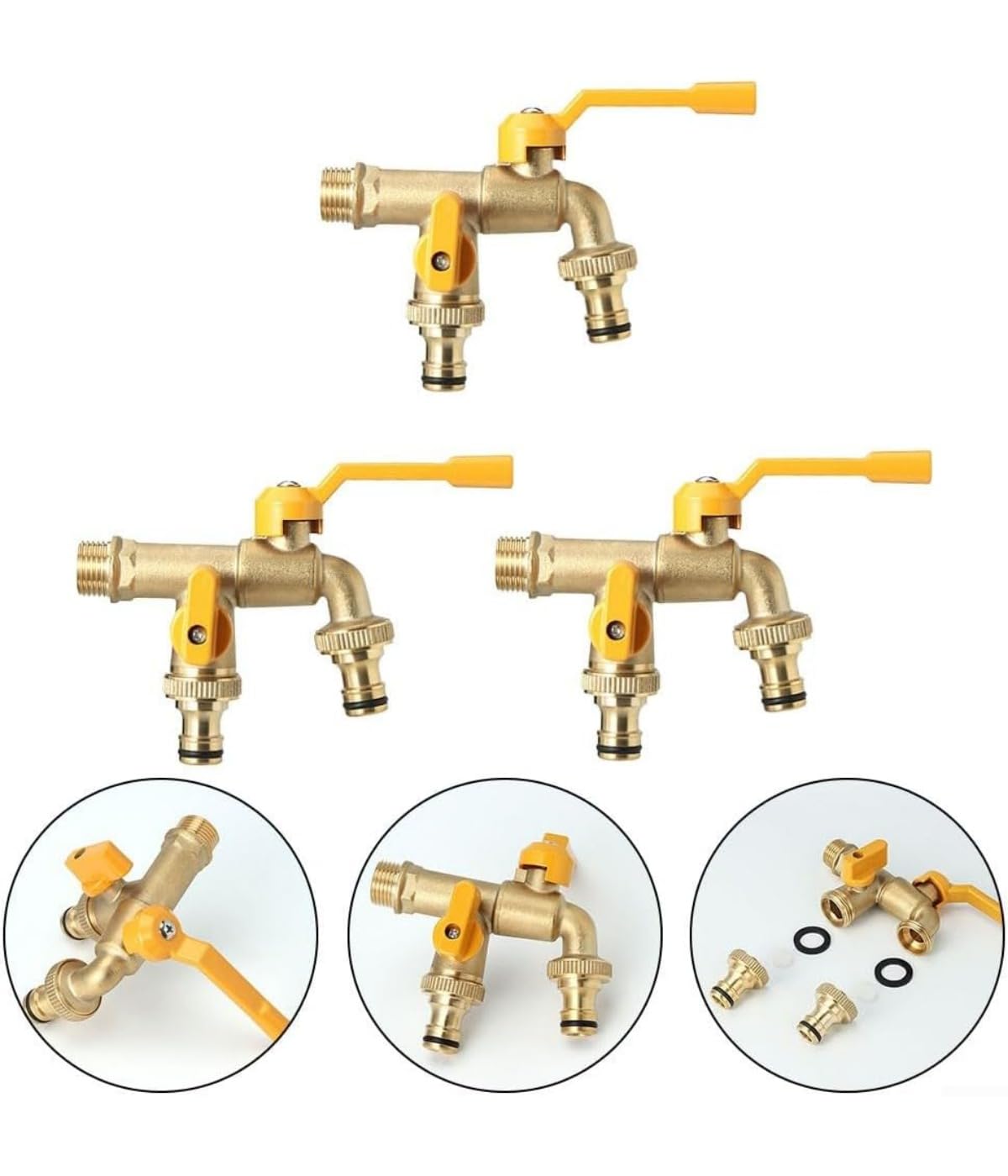 Grifo universal de doble salida para jardín, válvula de bola para exteriores, conector de manguera de 1/2 y 3/4 pulgadas para lavadora de jardín, uso doméstico e industrial