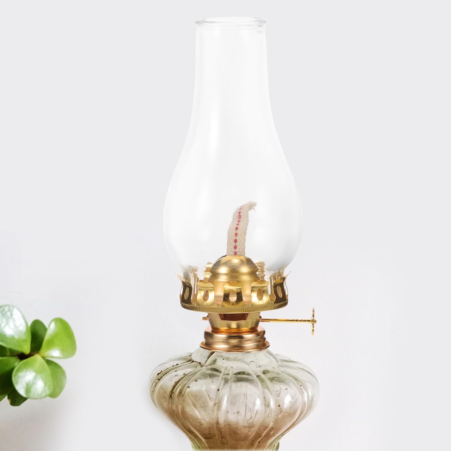 Vintage Kerosene Lamp Burner Iron Wick with Glass Shade, Adjustable
