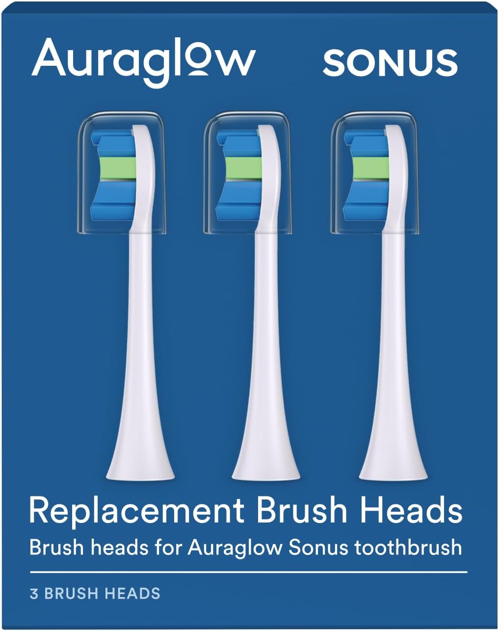 AURAGLOW Sonus Electric Toothbrush Replacement Brush Heads with Cover Cap, 3 Count, White