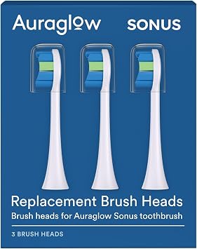 Auraglow Sonus Electric Toothbrush Replacement Brush Heads with Cover Cap, 3 Count, White