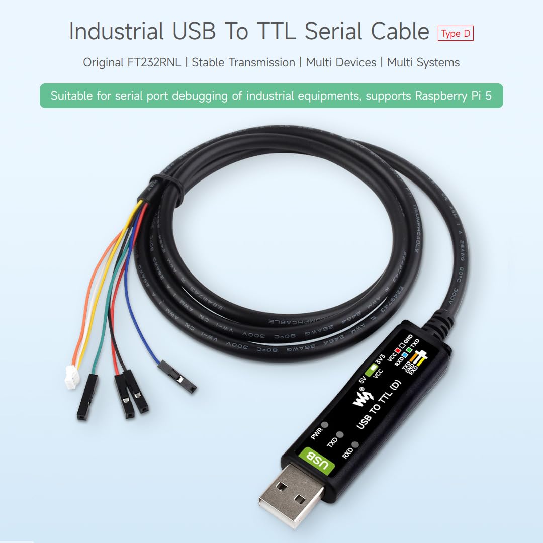 Waveshare Industrial USB TO TTL (D) Serial Cable, FT232RNL Chip, Multi Protection Circuits, for Win7/8/10/11/Mac/Linux, With 4pin Header+SH1.0 3PIN Connector, For Raspberry Pi 5 Serial Port Debugging