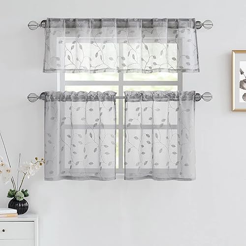 Miniatura 5 de Fragrantex Cortinas bordadas blancas de 63 pulgadas de largo con estampado de hojas doradas y amarillas, cortinas botánicas para ventana para