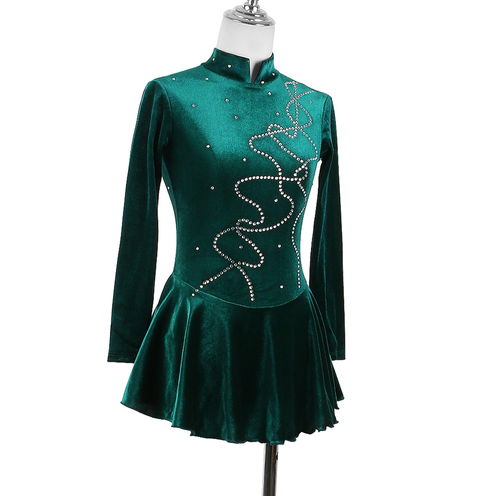 Vestido de Patinaje artístico, Traje de competición de Terciopelo con Diamantes de imitación, Leotardo de Danza de Ballet lírico y Gimnasia, Vestido de Patinaje sobre Hielo (Verde Oscuro L)