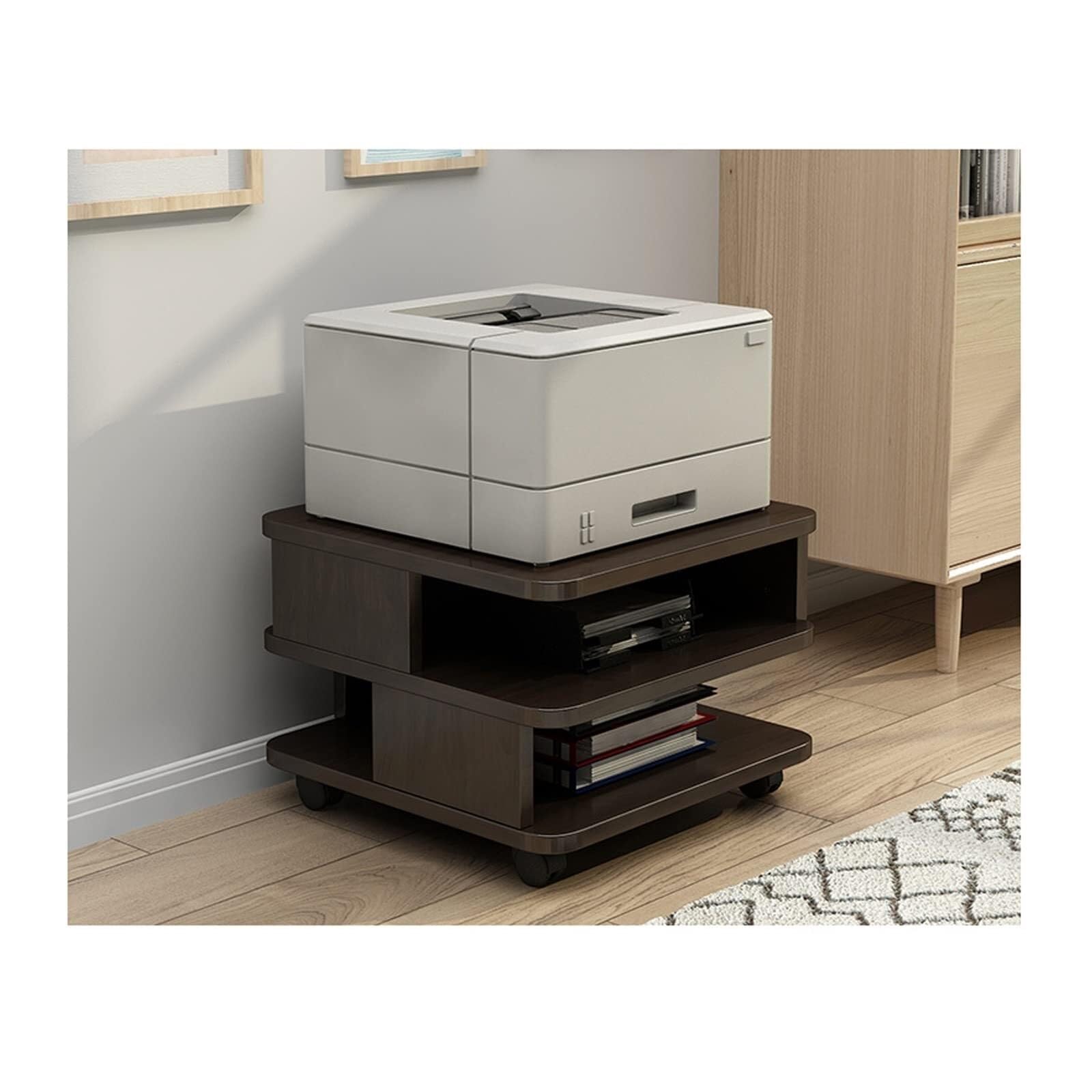 Soporte para impresora de escritorio con ruedas, carrito de impresora láser móvil con almacenamiento abierto, organizador de archivos de papel de oficina de madera, gabinete de archivos para estante