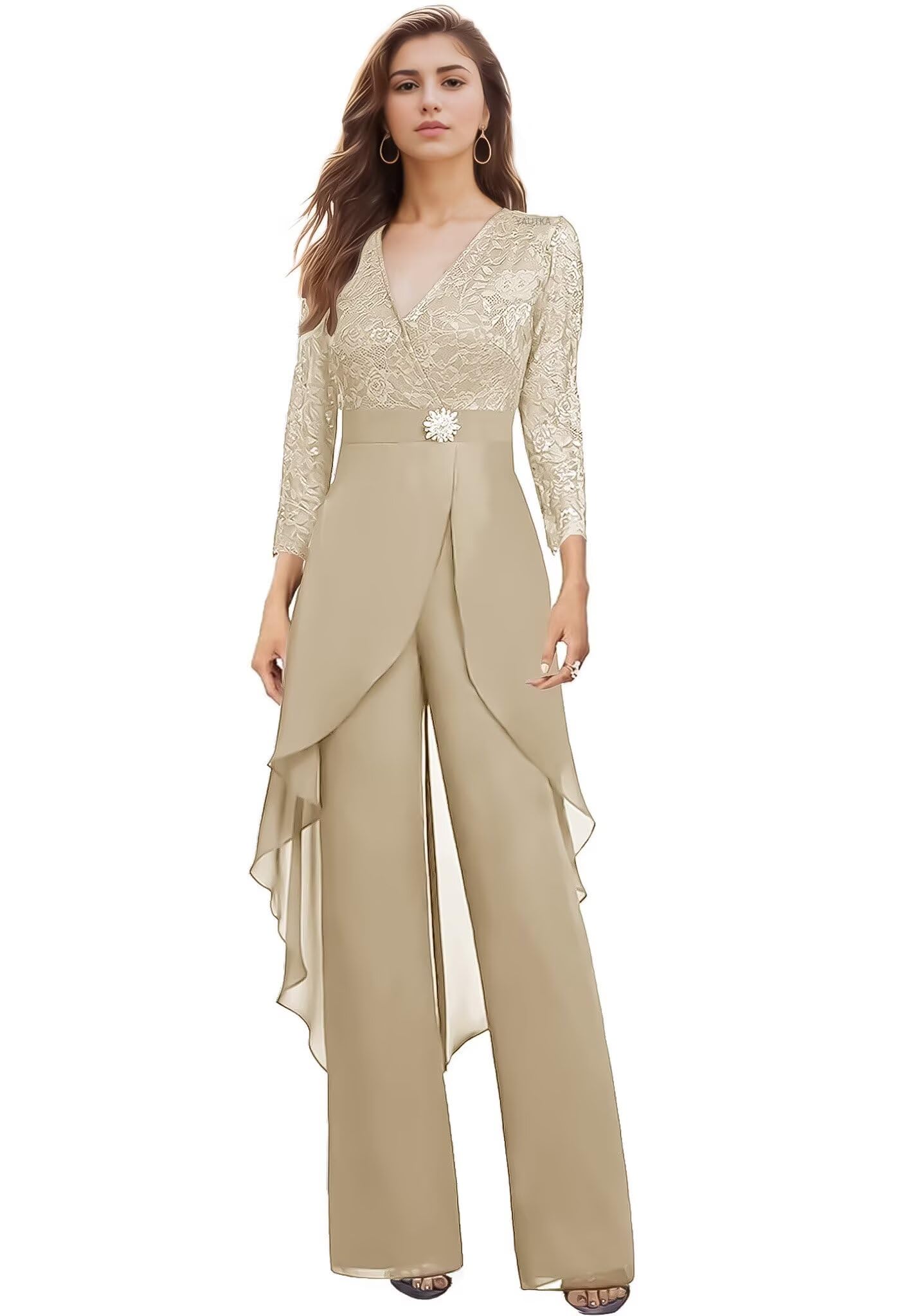 2 Pieces Mother of The Bride Pant Suits for Wedding Long Sleeve Chiffon Lace V Neck Pant Suits