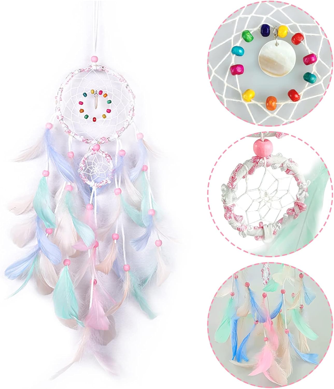 FuninCrea Dream Catcher, Handmade Fairy Dreamcatcher with Feathers Half Circle Moon Dream Catchers Indian Style Hanging Wall Decor for Living Room, Bedroom, Dormitory, Children's Room (Pink)
