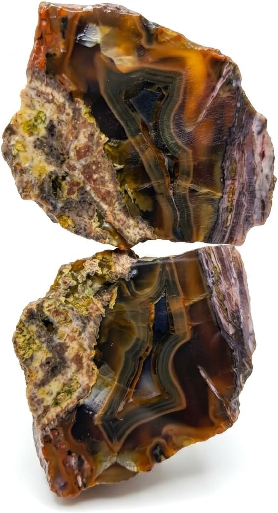 Banded Fire Agate Pair with Natural Fractured, Earth Core Crystal Decor