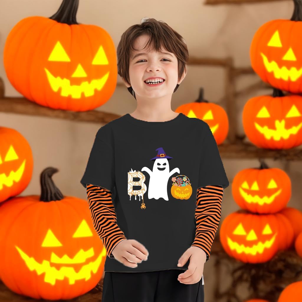 Halloween Shirt for Boy Pumpkin Spooky Vibes Ghost Stripe Long Sleeve T-Shirt Kids Dancing Skeleton Boo Tops 2-7 Years - Image 2