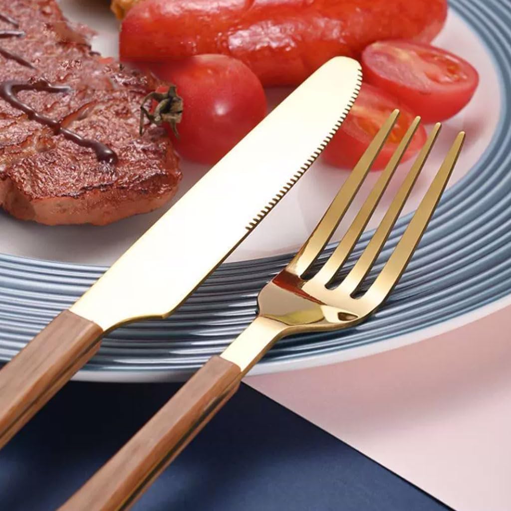 美しい 銀食器セット ステンレス鋼カトラリーセット 木製ハンドル ホームナイフ フォークとスプーン キッチン食器セット 鏡面研磨 役