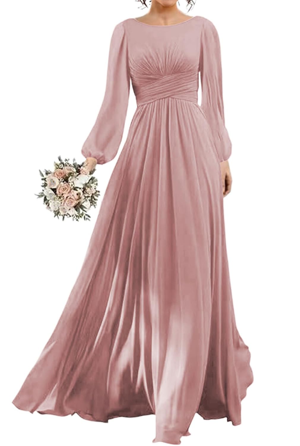 Yiann Women's Dusty Rose Bridesmaid Dresses With Sleeves Plus Size A Line Chiffon Formal Party Gown Corset Wedding Guest Dress Uk24