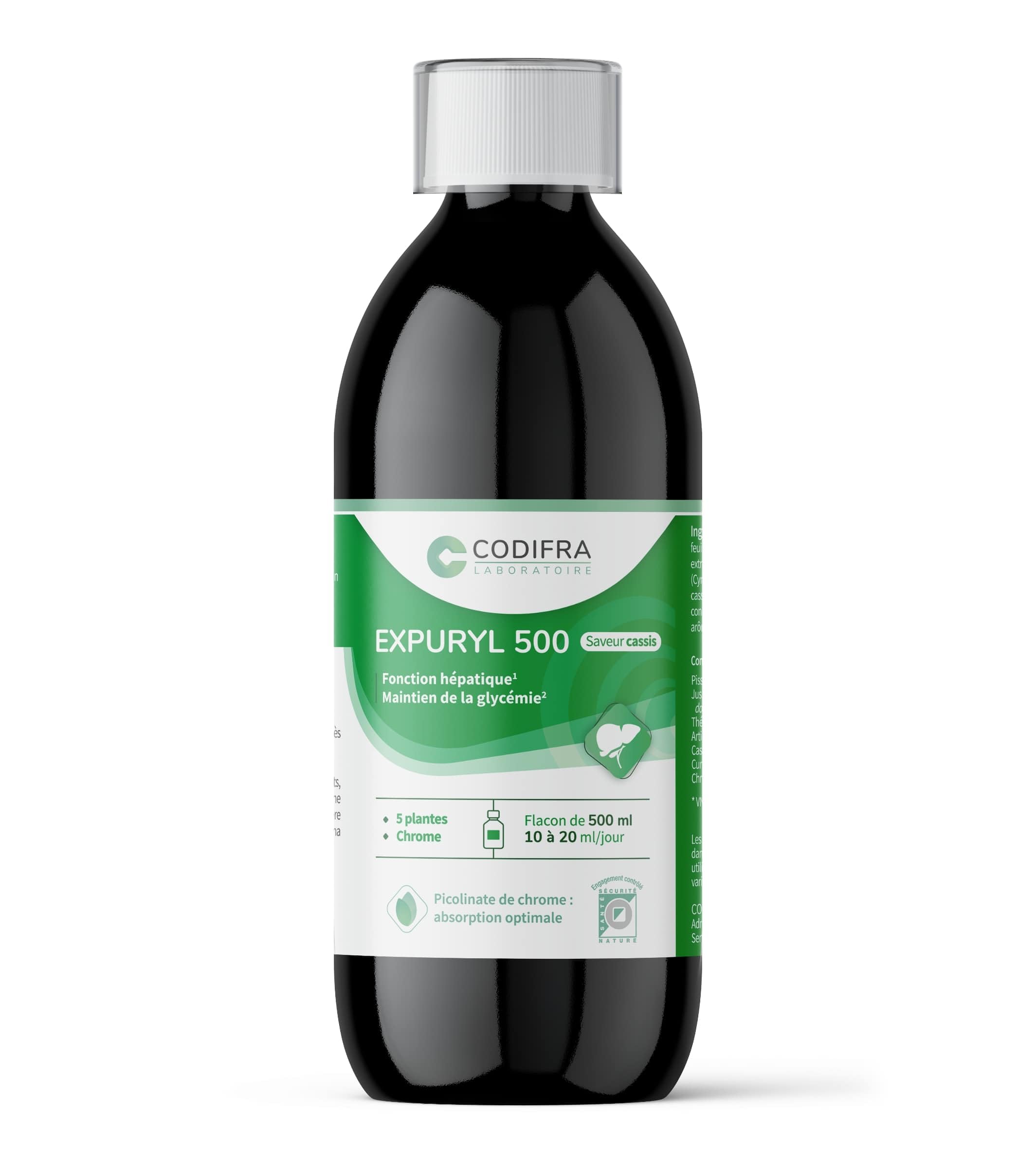 Codifra - Expuryl, Complément Alimentaire Confort Digestif, Phytodraineur et Détox Naturel - Artichaut, Pissenlit, Curcuma, Thé Vert, Chrome - Fabrication Française - Goût Cassis - 500 ml
