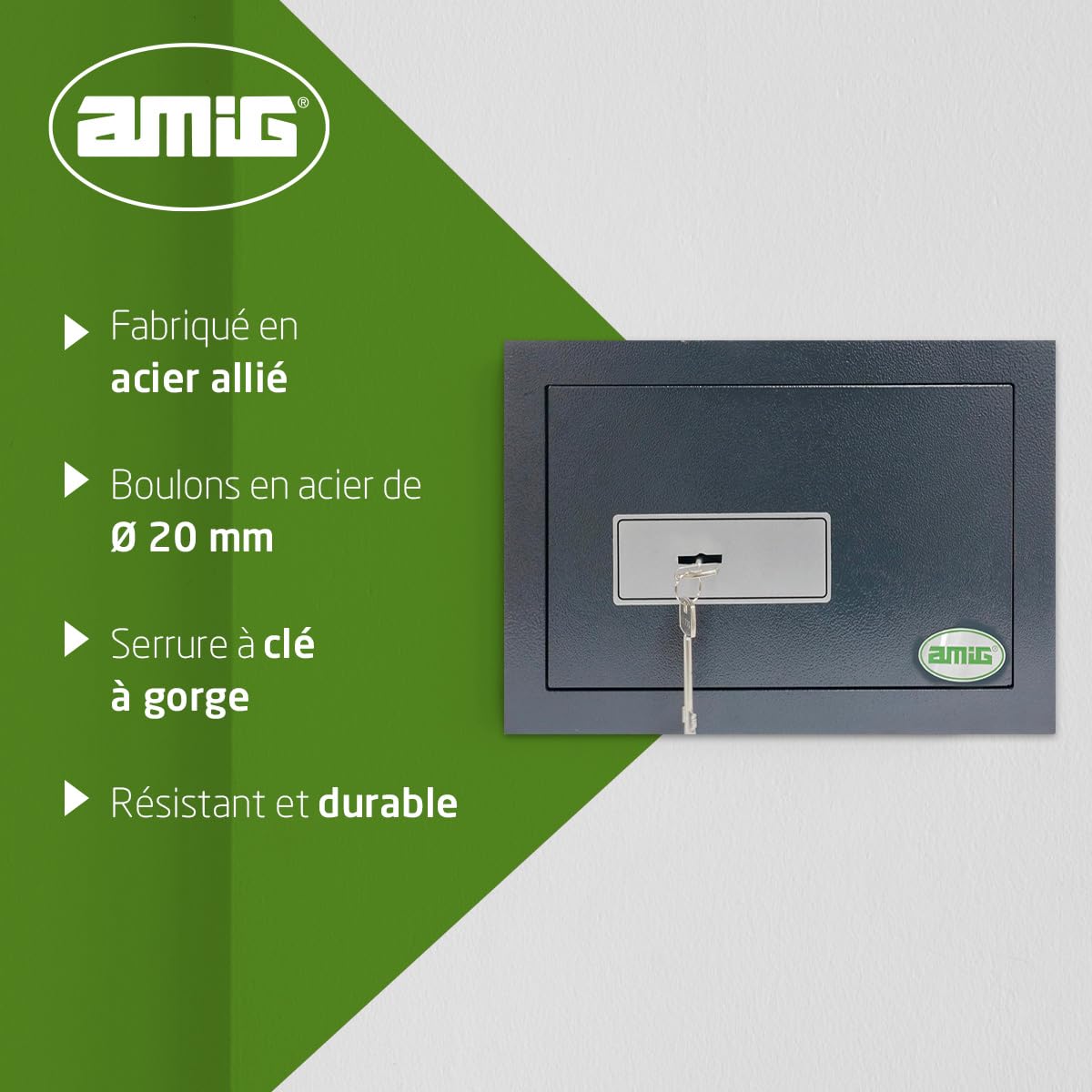 Amig - Coffre-fort à mortaise avec clé Gorja - Acier - Mur sûr, discret et sécurisé - Protection de l'argent et des valeurs - 30 x 15 x 20 cm