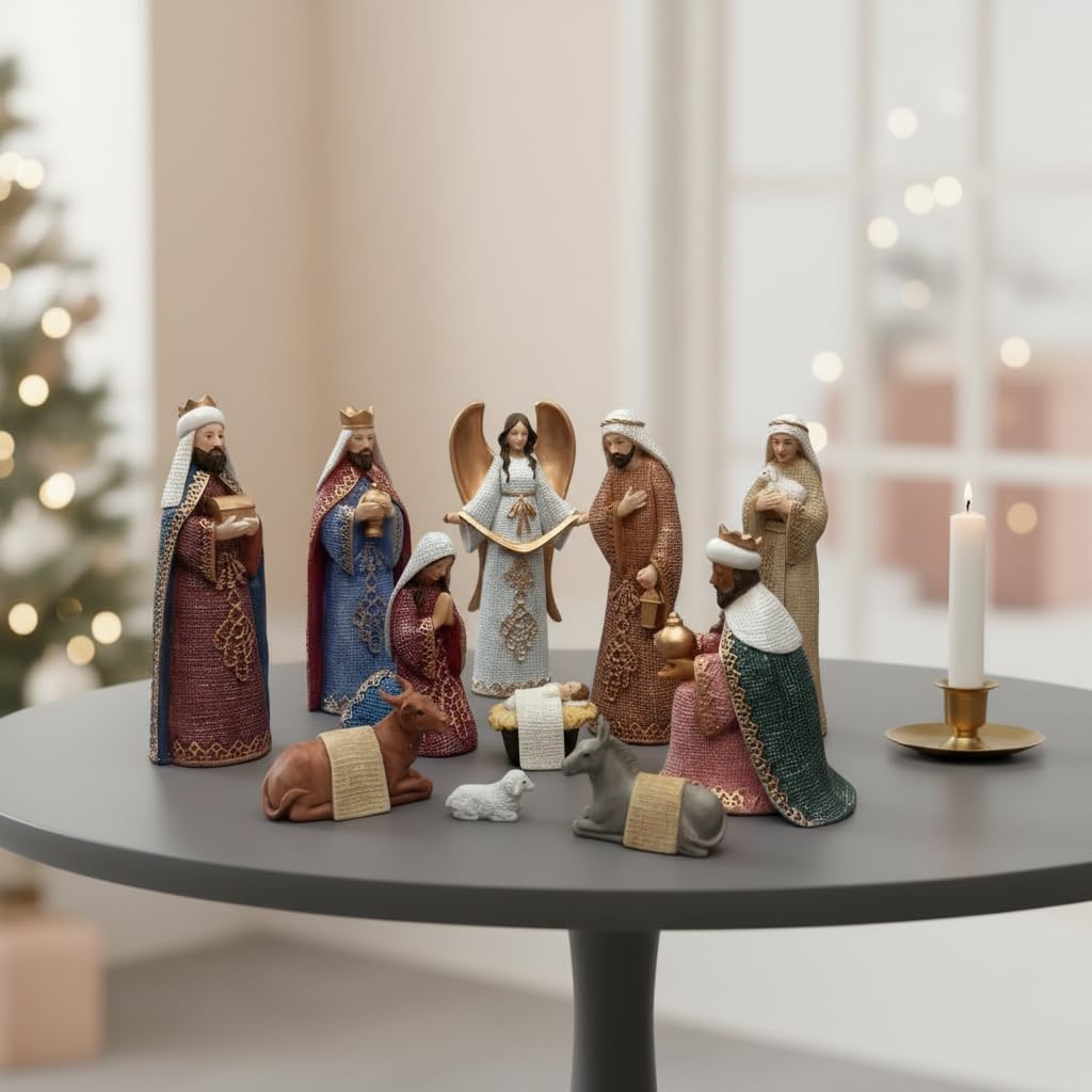 Comfy Hour 11 Figurines Nativity Scene, Traditional Christmas Religious Statue, Christ Child Mary Joseph Three Wise Men and Angel, Holiday Home Decor Accent, Polyresin Artisan Sculpture