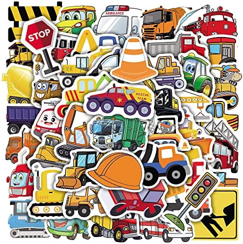 50 Pcs Cartoon Toy Cars Stickers for Kids Boys, Waterproof Vinyl Decal Pack for Water Bottles Guitar(Construction truck, Airplane, Train, Helicopter, Car, Tractor, School Bus, Firetruck, Rocket)