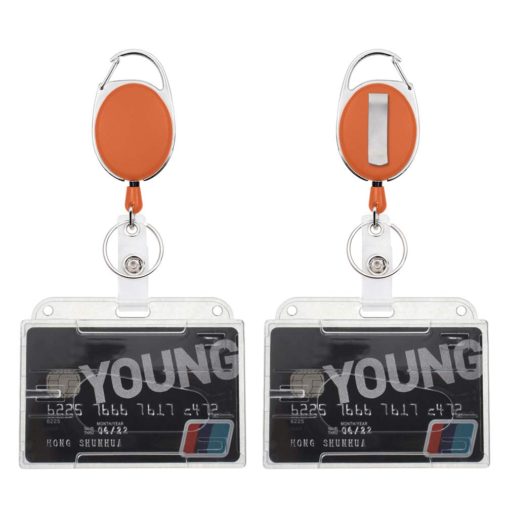 GOGO2 Packs Plastic Rigid Badge Holder with Retractable Badge Reel Carabiner Clip (4 pcs)-2 pairs orange