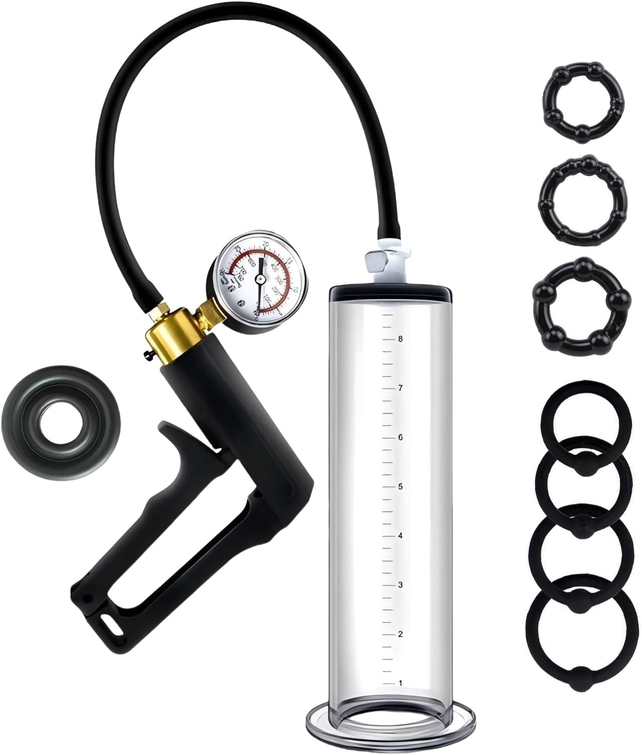 Penis Pump Sex Toys for Men Dick Pump with Pressure Gauge and Nylon Handle Penile Vacuum Pump with 7 Penis Rings Manual Penis Enlarger for Erectile Dysfunction Pussy Pump Male Masturbator (2.25in)