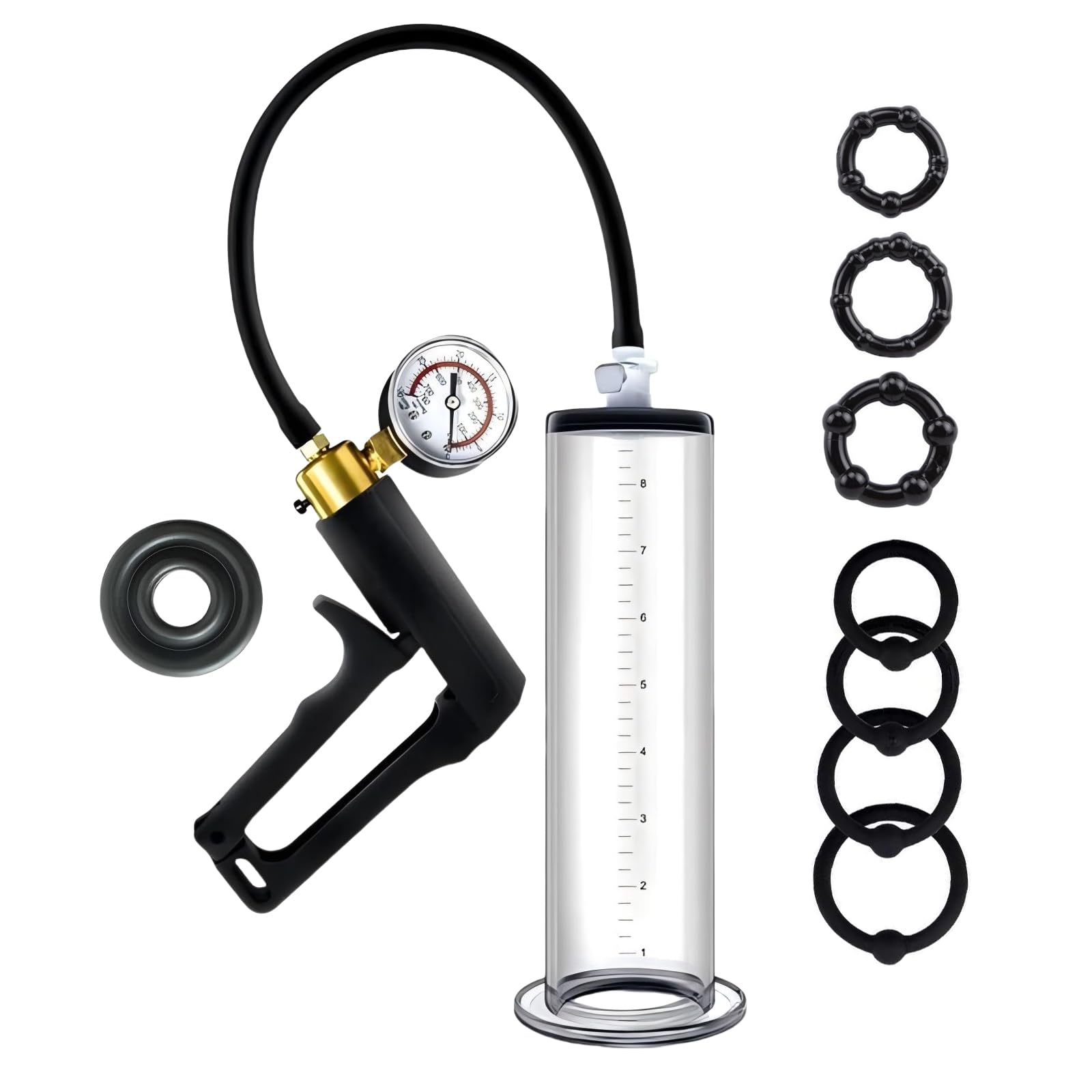 Penis Pump Sex Toys for Men Dick Pump with Pressure Gauge and Nylon Handle Penile Vacuum Pump with 7 Penis Rings Manual Penis Enlarger for Erectile Dysfunction Pussy Pump Male Masturbator (2.25in)