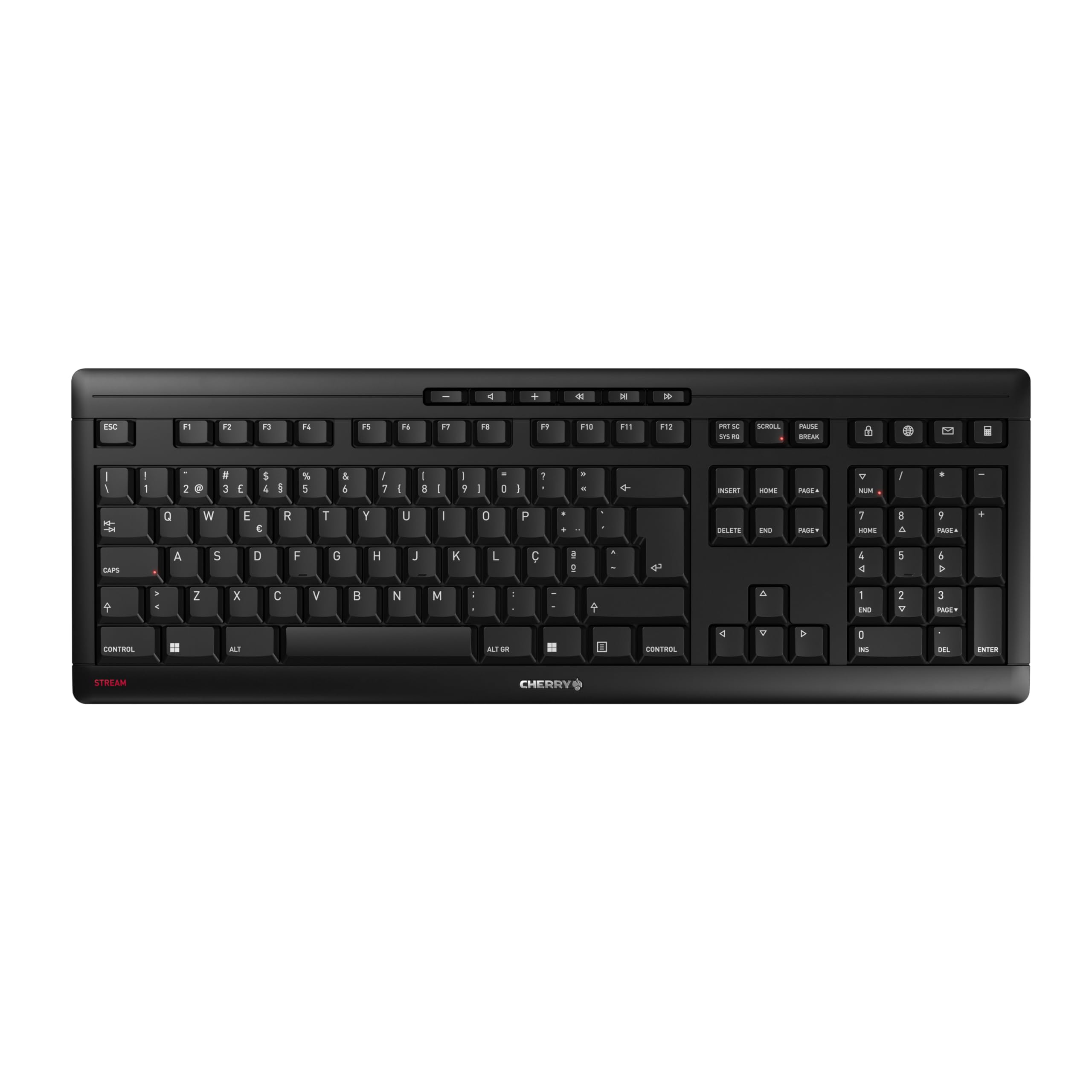 CHERRY STREAM KEYBOARD WIRELESS, Cordless Keyboard, Portuguese Layout (QWERTY), 2.4 GHz RF, Quiet Keys, Flat Design, Battery-Powered, Black