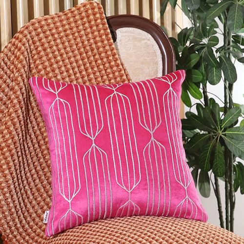 Image of Home - The Best is for You Luxurious Velvet Pink Cushion Covers Embroidered - Set of 2, 16x16 Inch