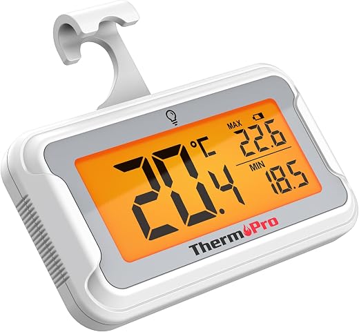 ThermoPro TP110 Fridge Thermometer with Large Backlit LCD, Waterproof Freezer Thermometer with Max/Min Record, Easy Batter