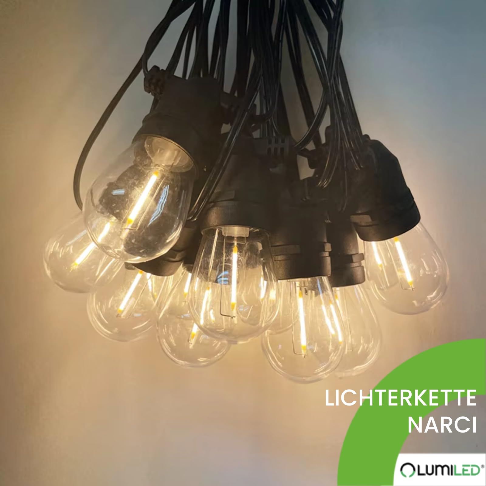 Lumiled Lichterkette Außen 15 Meter mit 30 E27 LED 1W Glühbirne Warmweiß 2700K 230V Birnen für Garten Biergarten Party Hochzeit Dekoration Terrasse verlängerbar mit Strom
