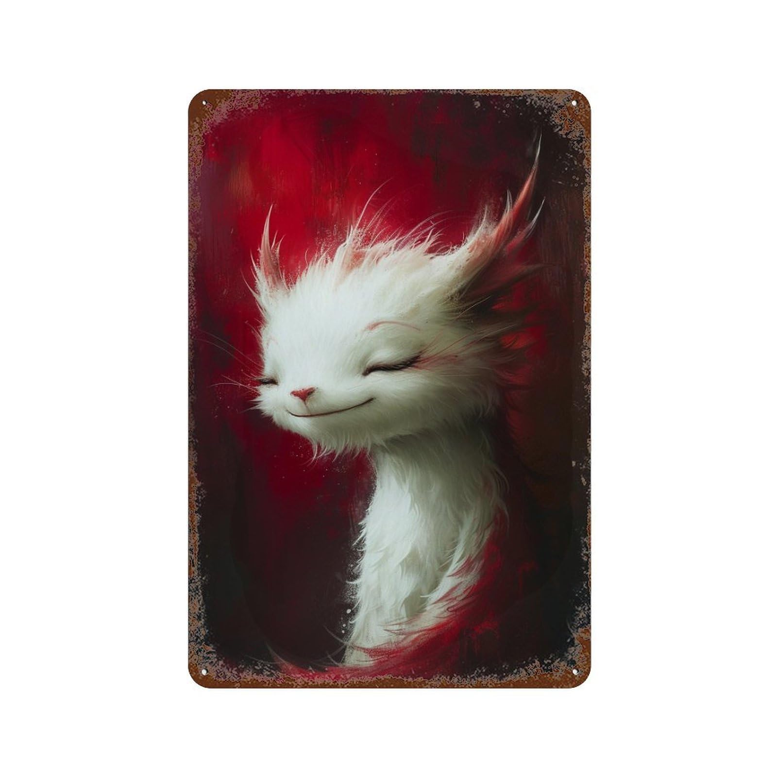Fantasy White Cat Artwork Weathered Tin Sign 11.8"x7.9", Classic Wall Plaque for Garage, Bar And Workshop Decor