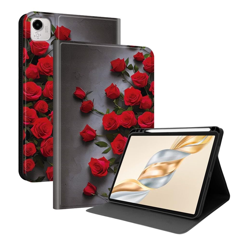 Kompatybilny z Honor Pad X9 11,5 cala ELNL09 2023 (wzór: Czerwona Róża) Premium Skórzane etui z klapką ze wzorem