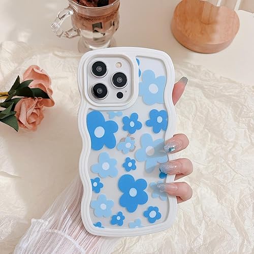 Miniatura 2 de Funda transparente compatible con iPhone 14 Pro Max, bonito diseño de flores de dibujos animados azules, diseño de marco ondulado rizado, funda