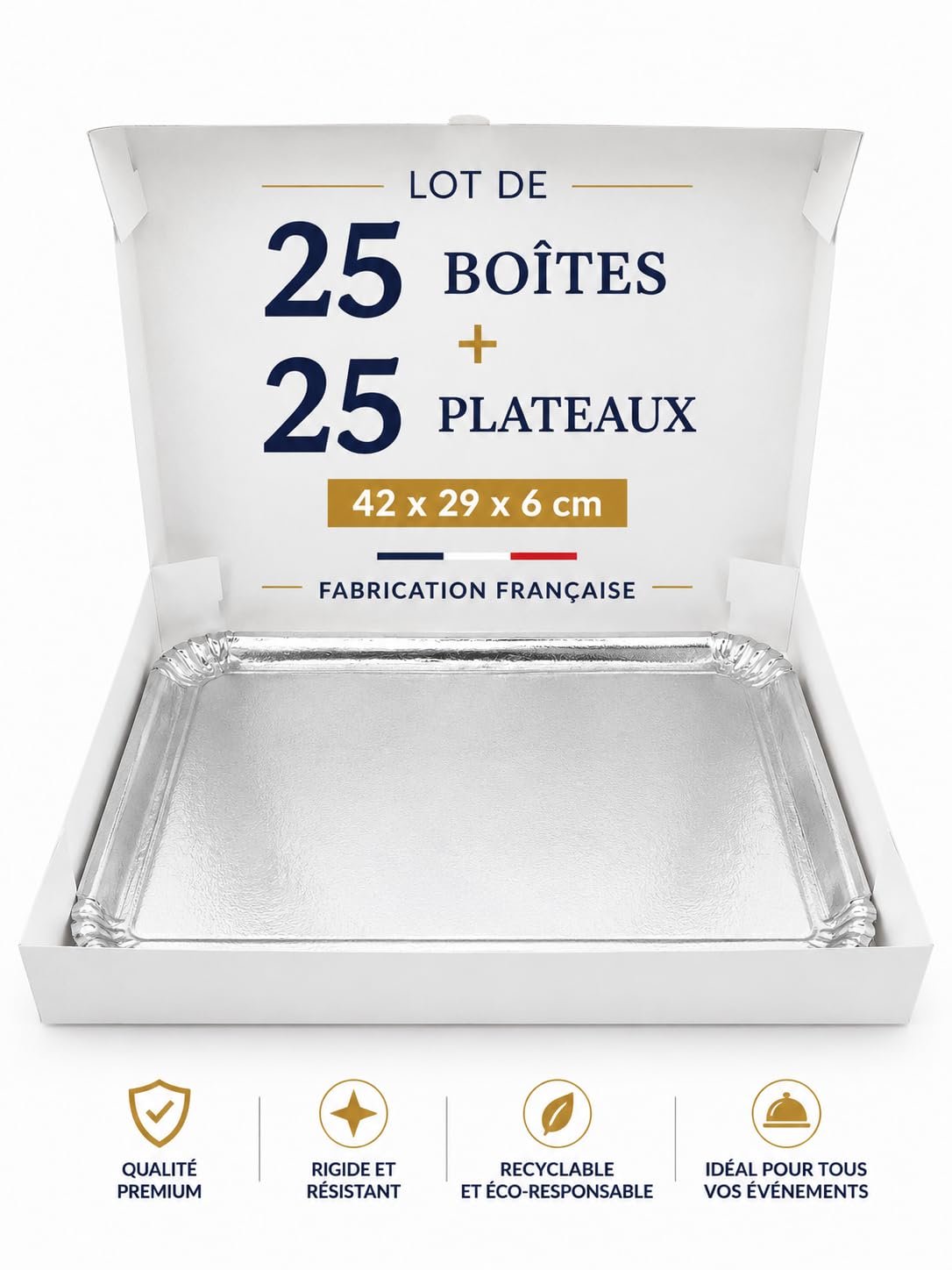 25 boites Traiteur Blanche 29 X 42 X 6 cm + 25 Plateaux argent 42 X 28 cm