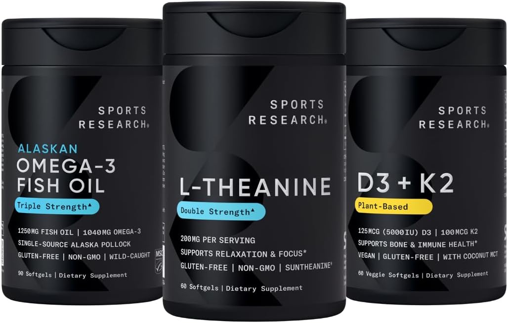 Body Wellness Pack - Double Strength L-Theanine (Suntheanine) Supplement 200mg, Triple Strength Omega 3 Fish Oil (1250mg) and Vegan Vitamin D3 (5000 IU) + K2 (100mcg Mk7)