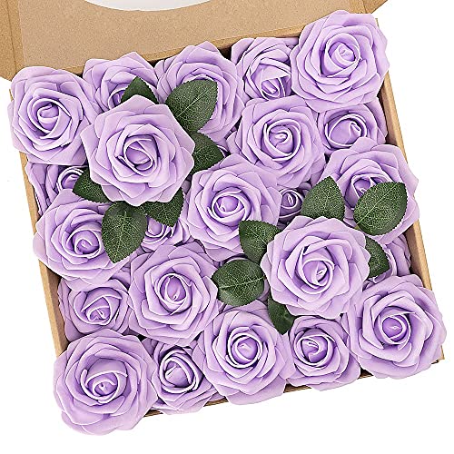 N&T NIETING Künstliche Blumen Rosen, 25 Stück Fake Rosenblüte mit Stiel Blumendeko für DIY Hochzeit Blumensträuße Braut Zuhause Valentinstag Dekoration, Helles Lila