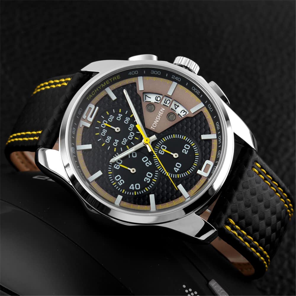 TONSHEN Fashion Orologi da Polso Uomo Sportivo Stile Acciaio Inossidabile Cassa e Cuoio Cinturino Casual Analogico Quarzo Orologio Data Calendario con Sub Dial