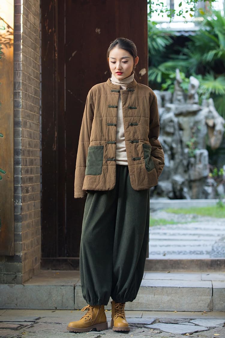 HEARTTOUCH Women's Quilted Lightweight Jacket Cotton Padded Coat with Pockets Chinese Style Tang Suit Winter Thick Outwear