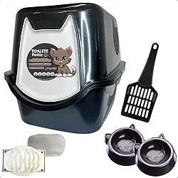 Caixa de areia para Gatos Toalete Black Petliz Banheiro Bandeja Sanitário Higiênico Facil Limpeza com Comedouros e Pá